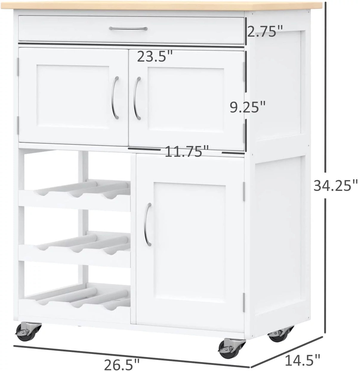 Rolling Kitchen Island with 9-Bottle Wine Rack and Drawer, White X513