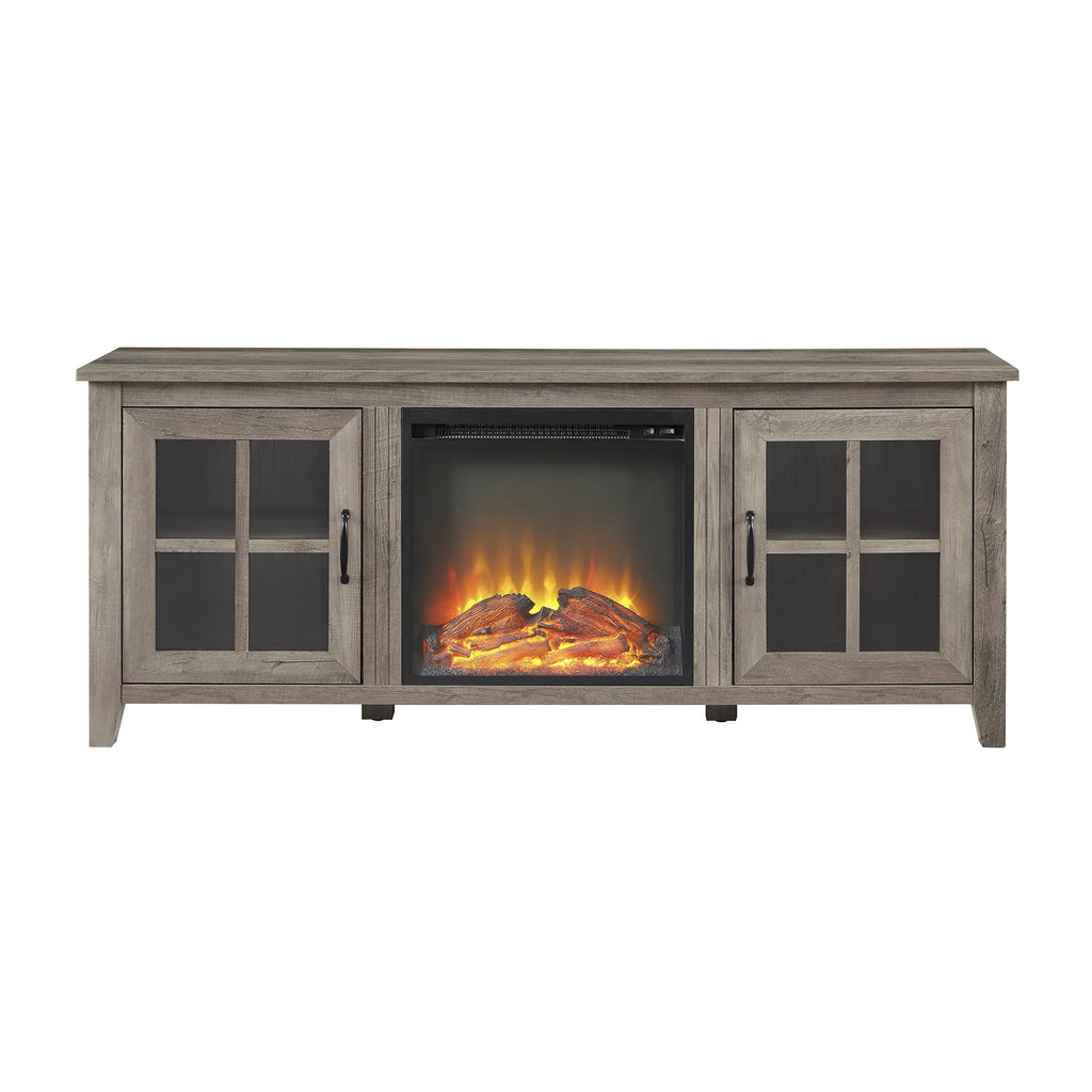 Grey Wash Glass-Door Fireplace TV Stand J234