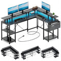 L Shaped Desk with LED Light and Monitor Stand, Black U406