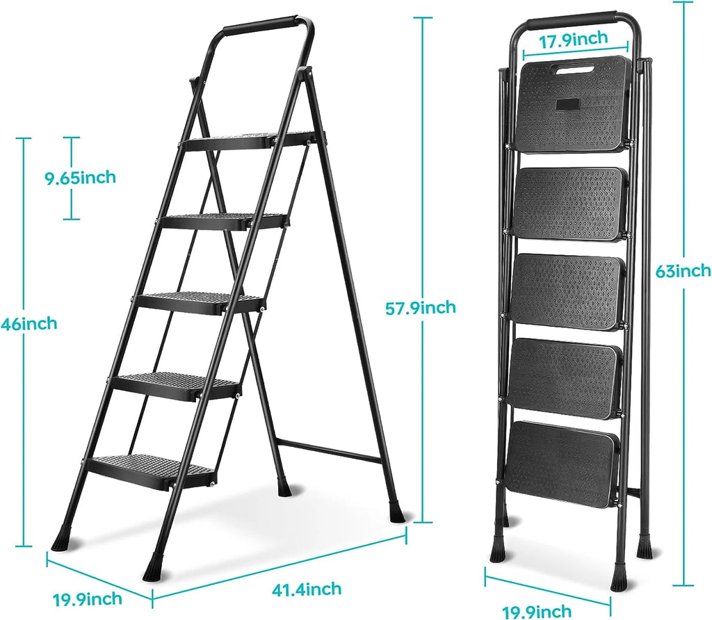 5 Step Lightweight Folding Steel Ladder 330lb Capacity N65437