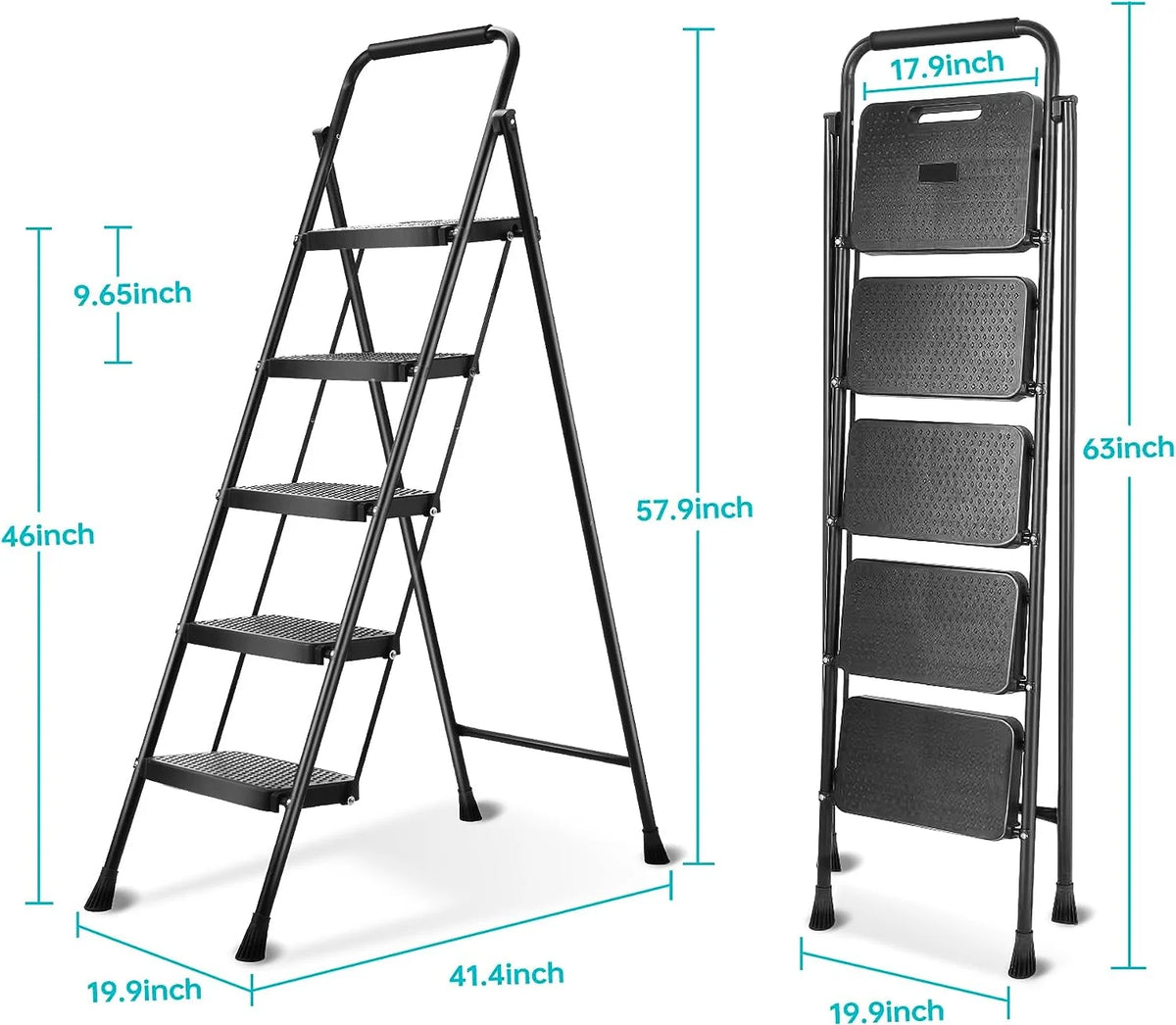 5 Step Lightweight Folding Steel Ladder 330lb Capacity N65437
