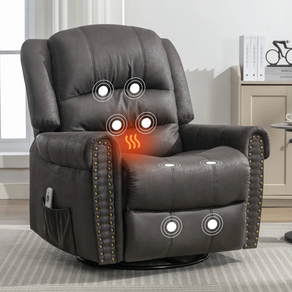 Gray PU Leather Swivel Recliner Chair with Massage and Heat T4946