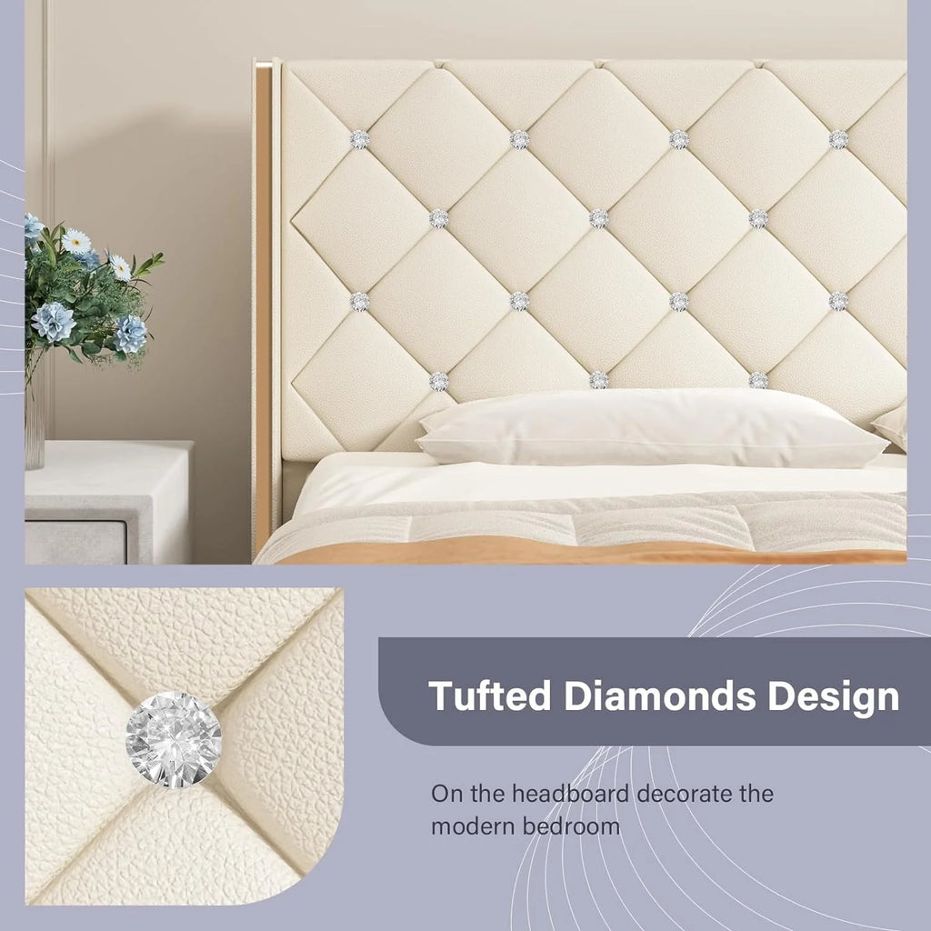 Queen Size Upholstered Platform Bed Frame with Wingback Diamond Tufted Headboard V587