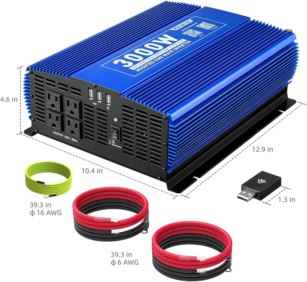 3000W Power Inverter DC12V to 110V AC with 4AC Outlets 2USB Port S25385