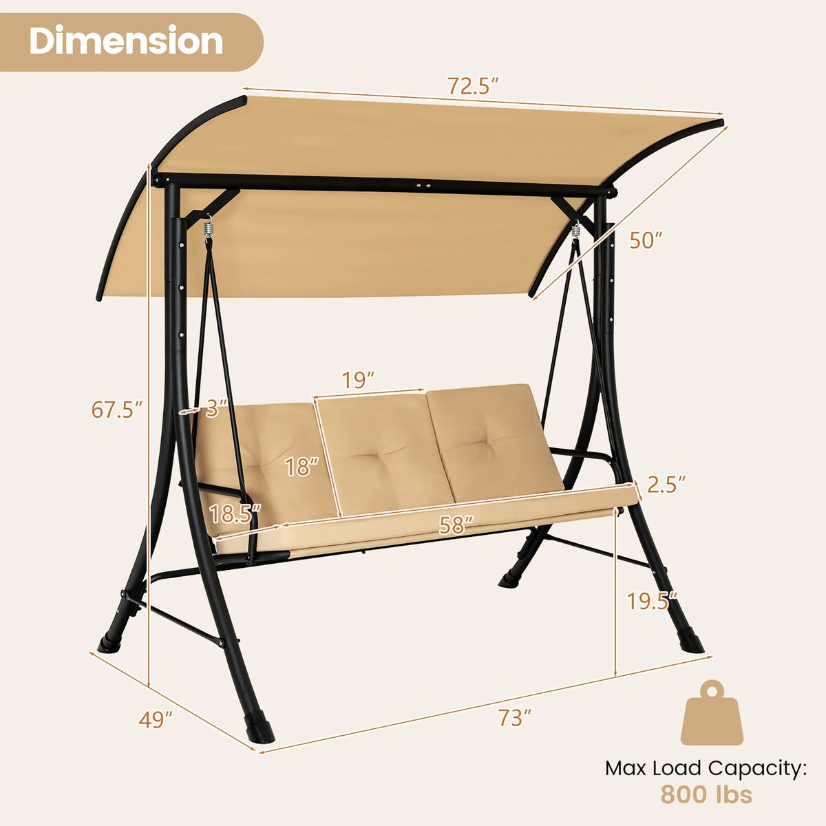 3 Person Patio Swing Chair with Cushions and Canopy A904660