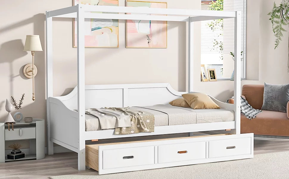 Twin Size Canopy Daybed with Drawer and Slat Support Leg, White X920