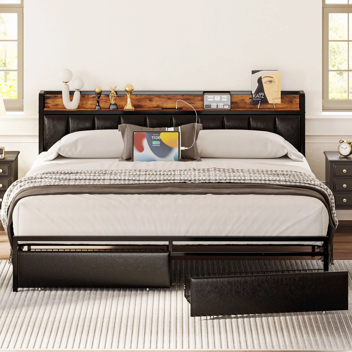 King Storage Bed Frame with Charging Station and Drawers A95008