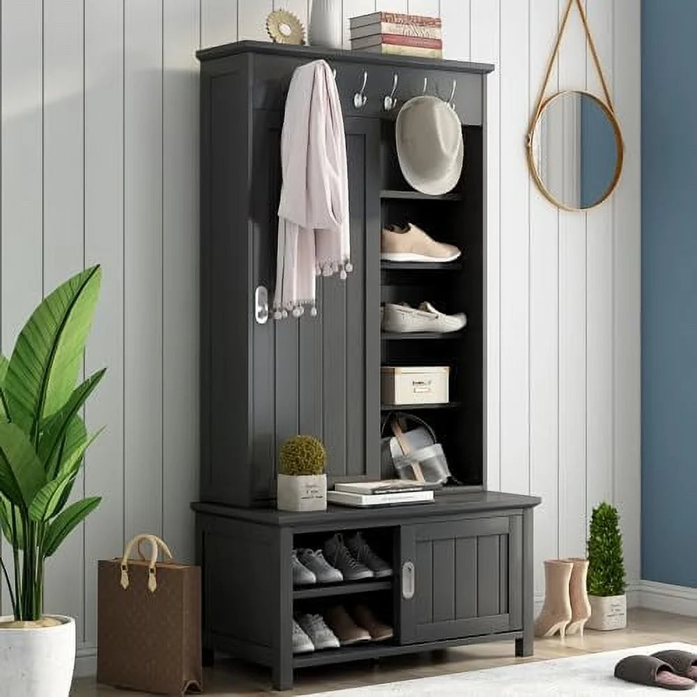 Black Hall Tree with Shoe Drawers and Bench R351806