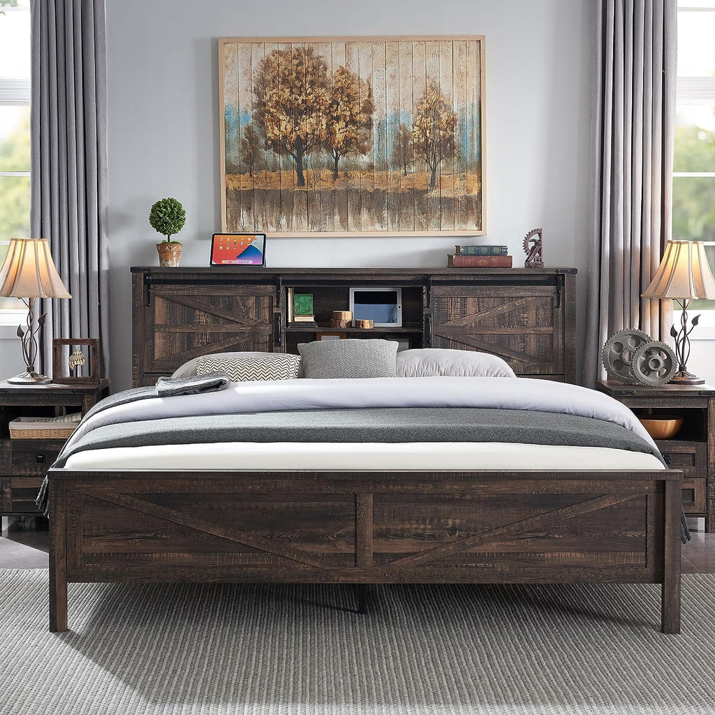 Light Rustic Oak Wood Platform Bed Frame with Bookcase Storage Headboard A76692