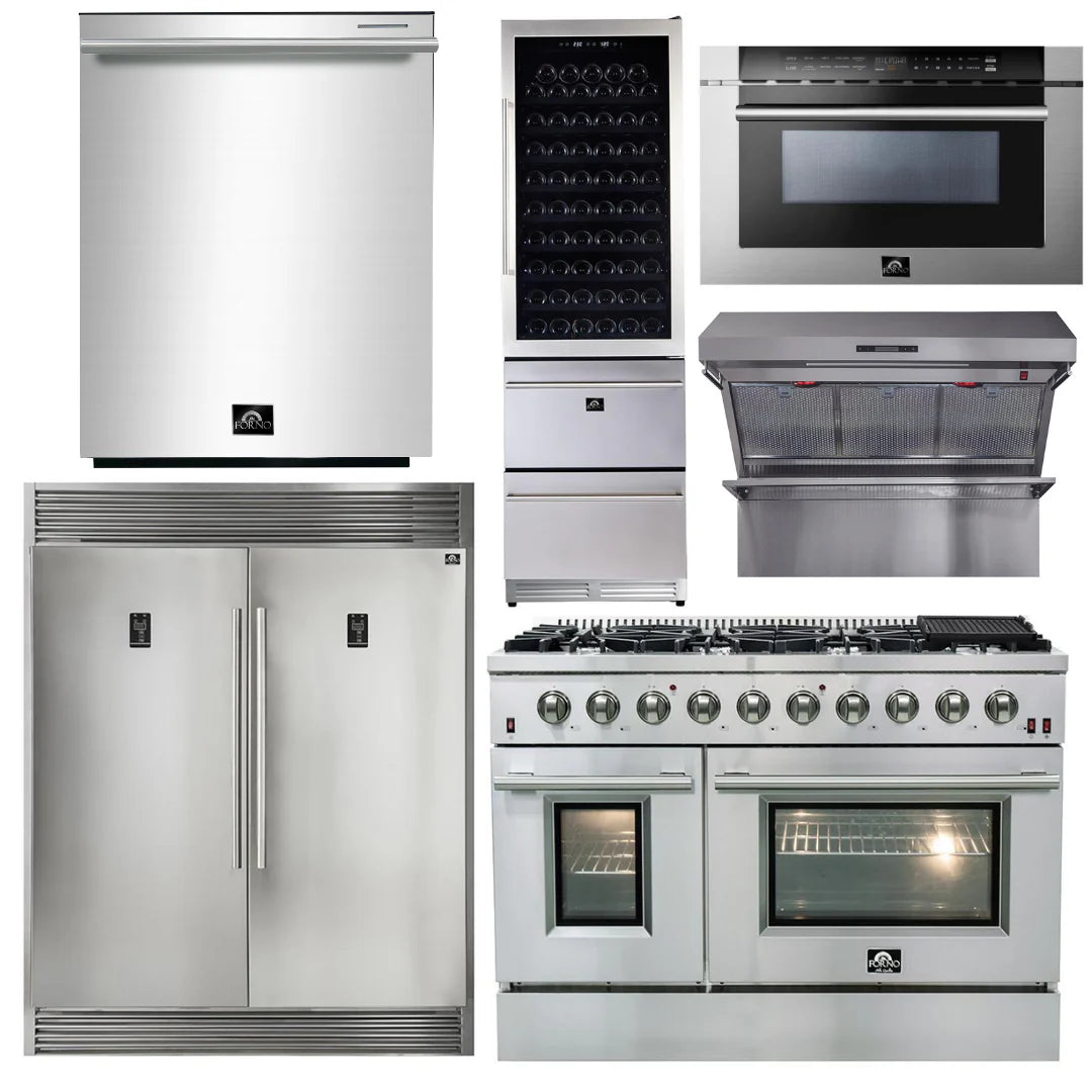 48 Inch Gas Range, Range Hood, Refrigerator, Microwave Drawer, Dishwasher, Wine Cooler P476