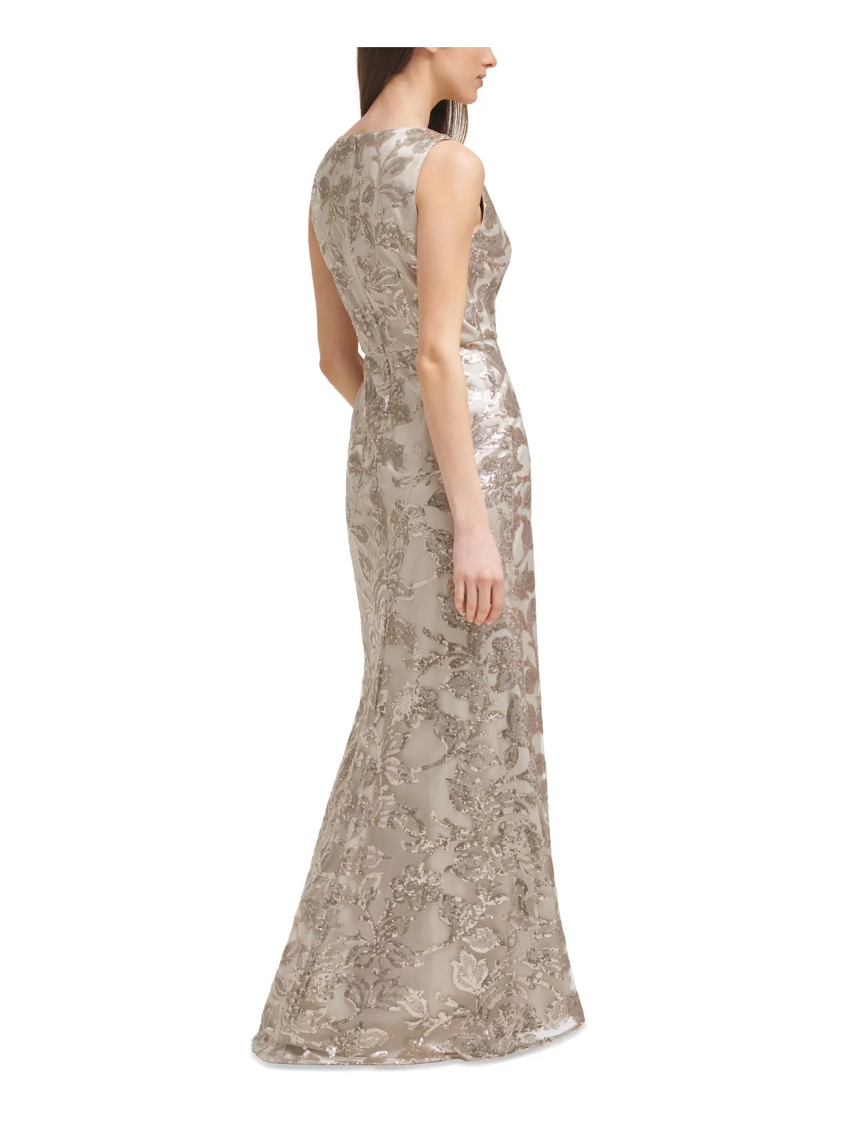 Beige Sequined Sleeveless V Neck Full-Length Sheath Dress K719398