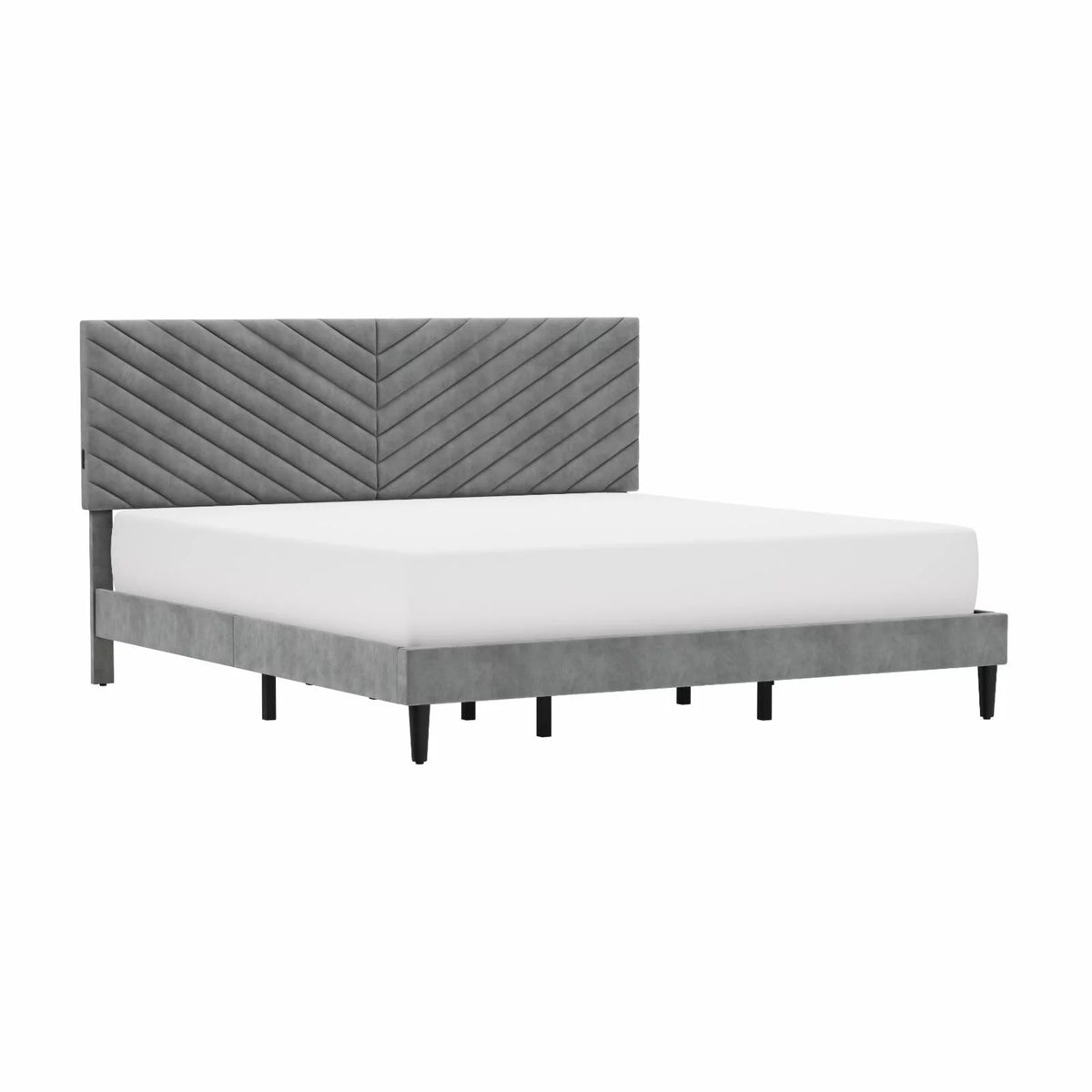 Gray Upholstered Platform King Bed with 2 USB Ports E4991