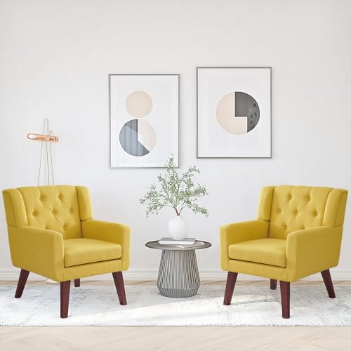 Beige Set of 2 Linen Fabric Button-Tufted Accent Chair K116