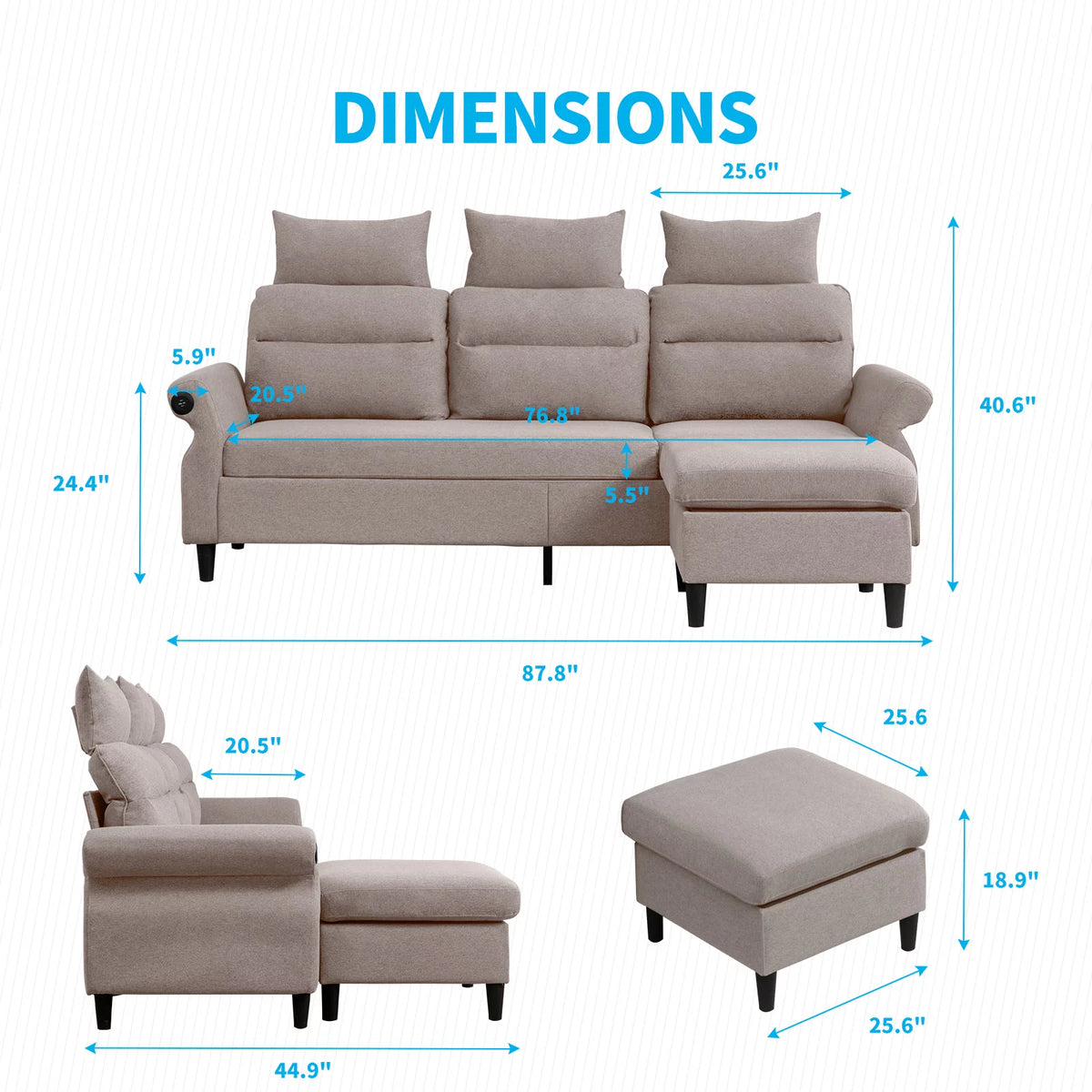 Beige L-Shaped Sectional Sofa with Storage Ottoman and 2 USB Ports Q588056