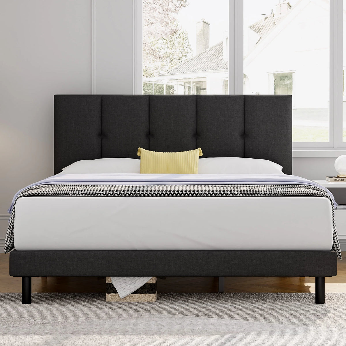 Full Size Bed Frame with Upholstered Headboard and Wooden Slats, Dark Grey Y914