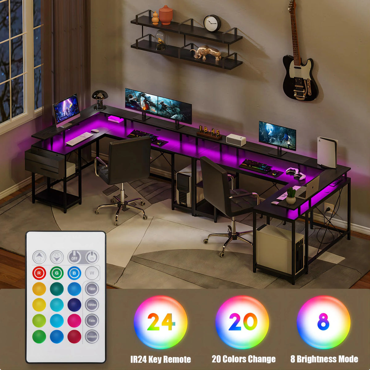 L Shaped Desk with LED Light and Monitor Stand, Black U406