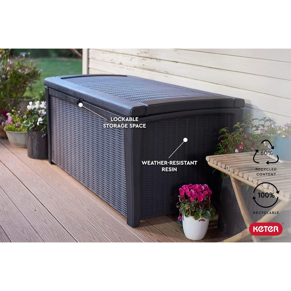 Grey 110 Gallon Plastic Outdoor Storage Deck Box Bench Q74084