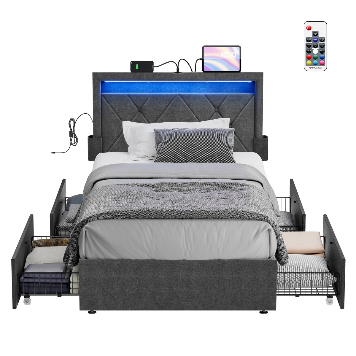 Twin Size LED Bed Frame with Headboard and 4 Drawers Dark Grey P63882