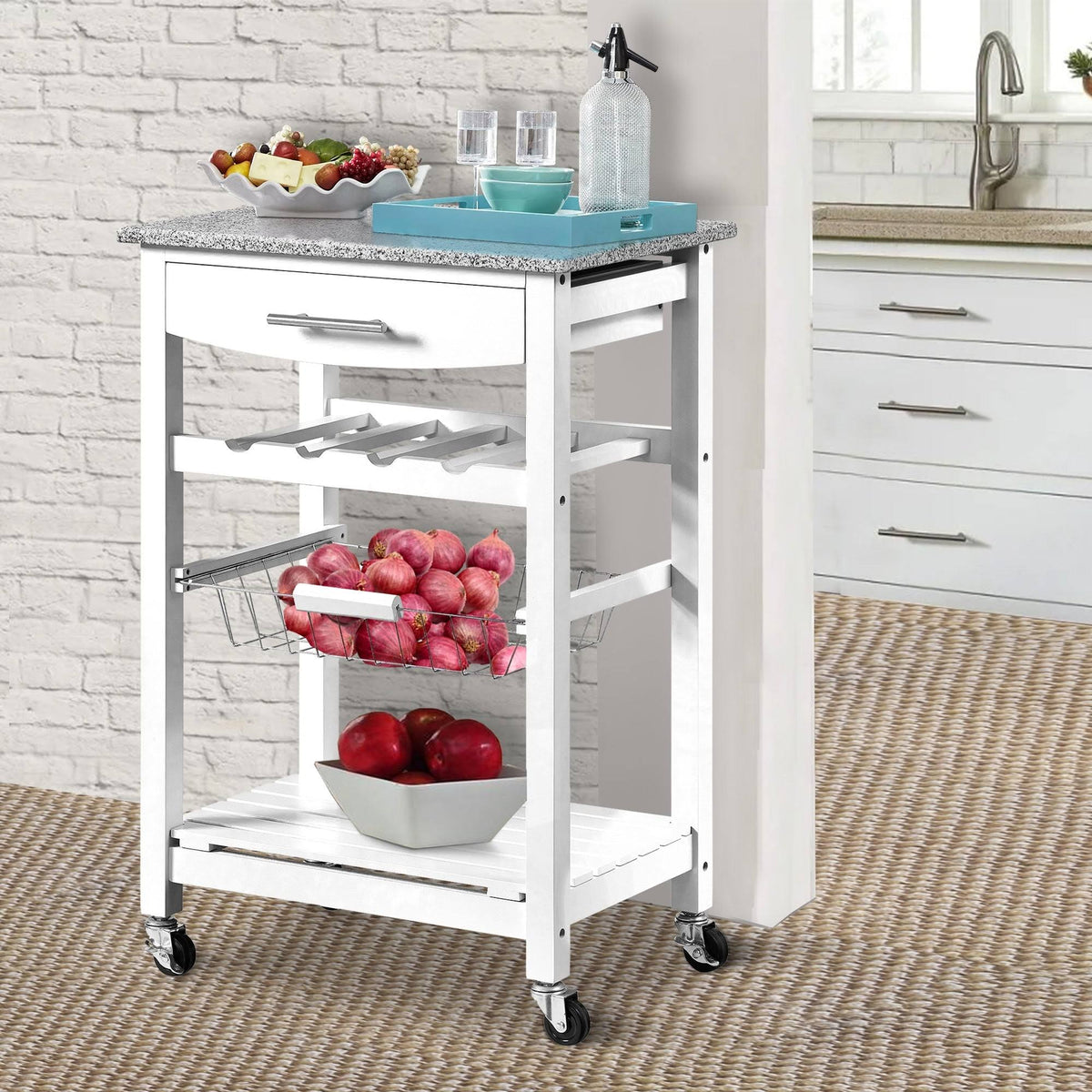 White Kitchen Island with Granite Top and Casters U788925
