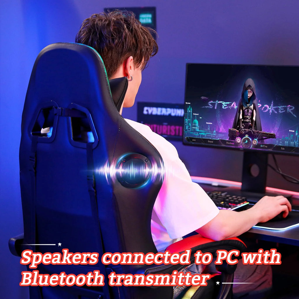 PU Leather Gaming Chair with Footrest and LED Lights E3948