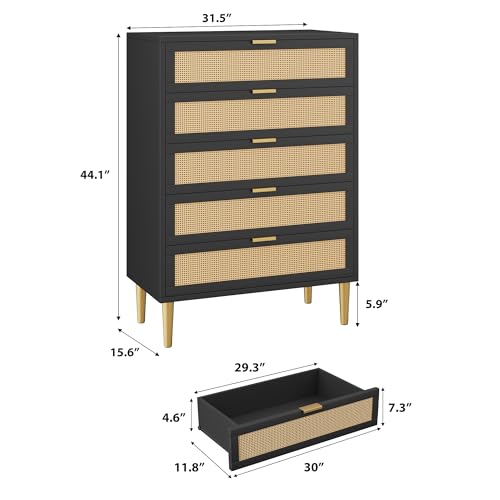 Oak 5 Drawer Rattan Wood Dresser I292046
