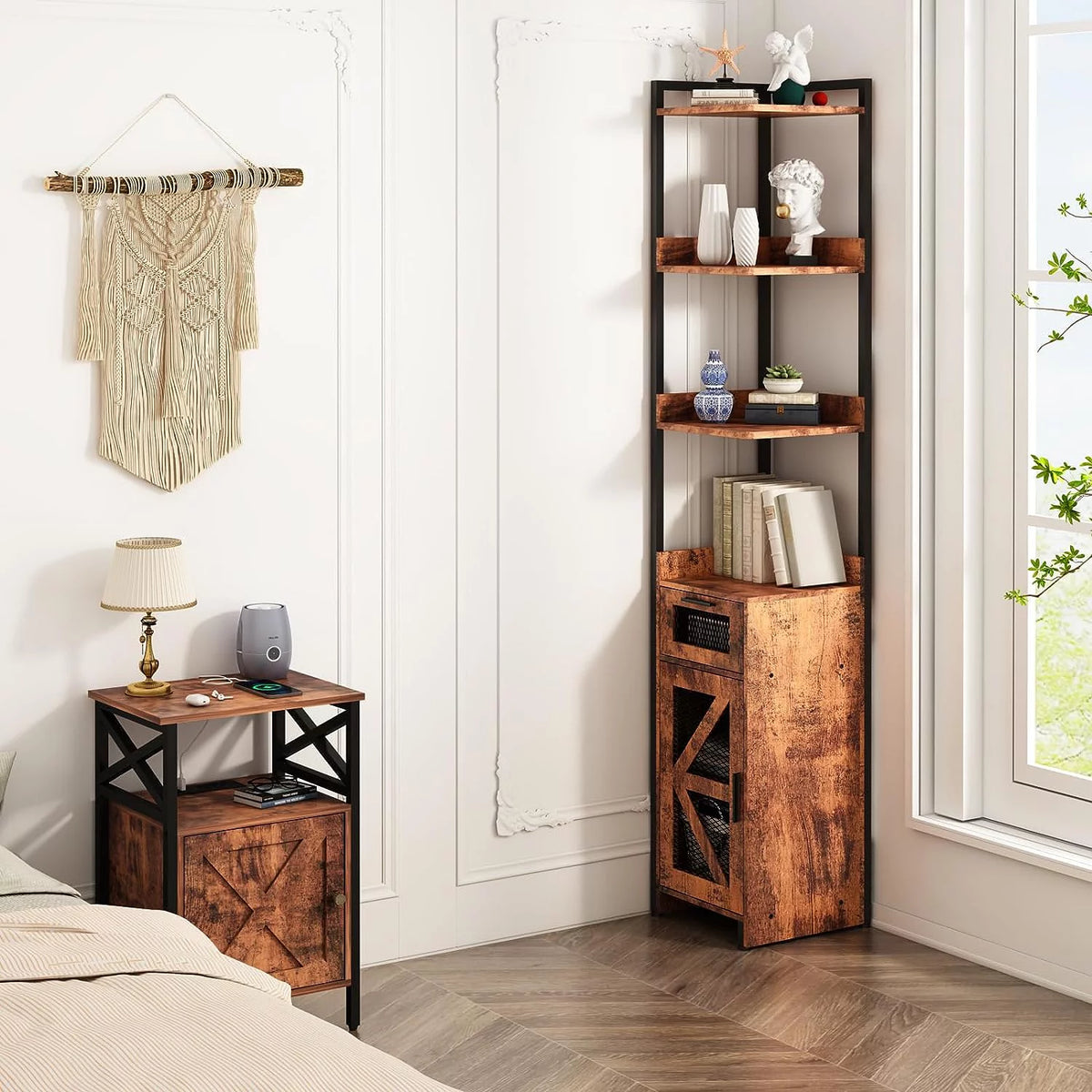 Grey 7-Tier Corner Cabinet with Drawer E2358