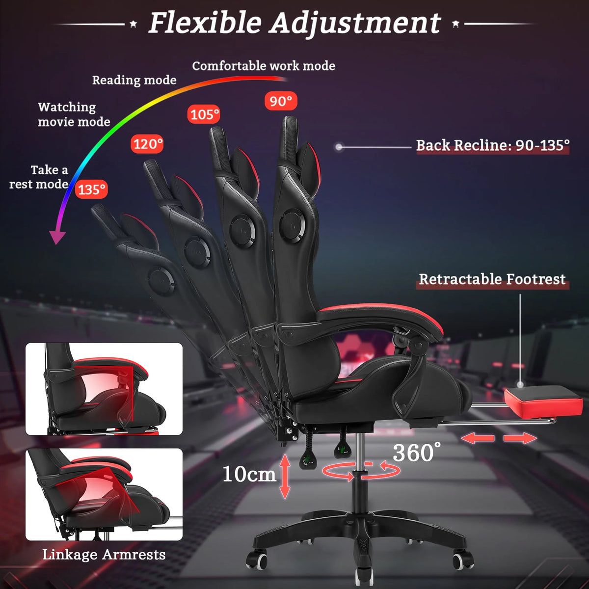 PU Leather Gaming Chair with Footrest and LED Lights E3948