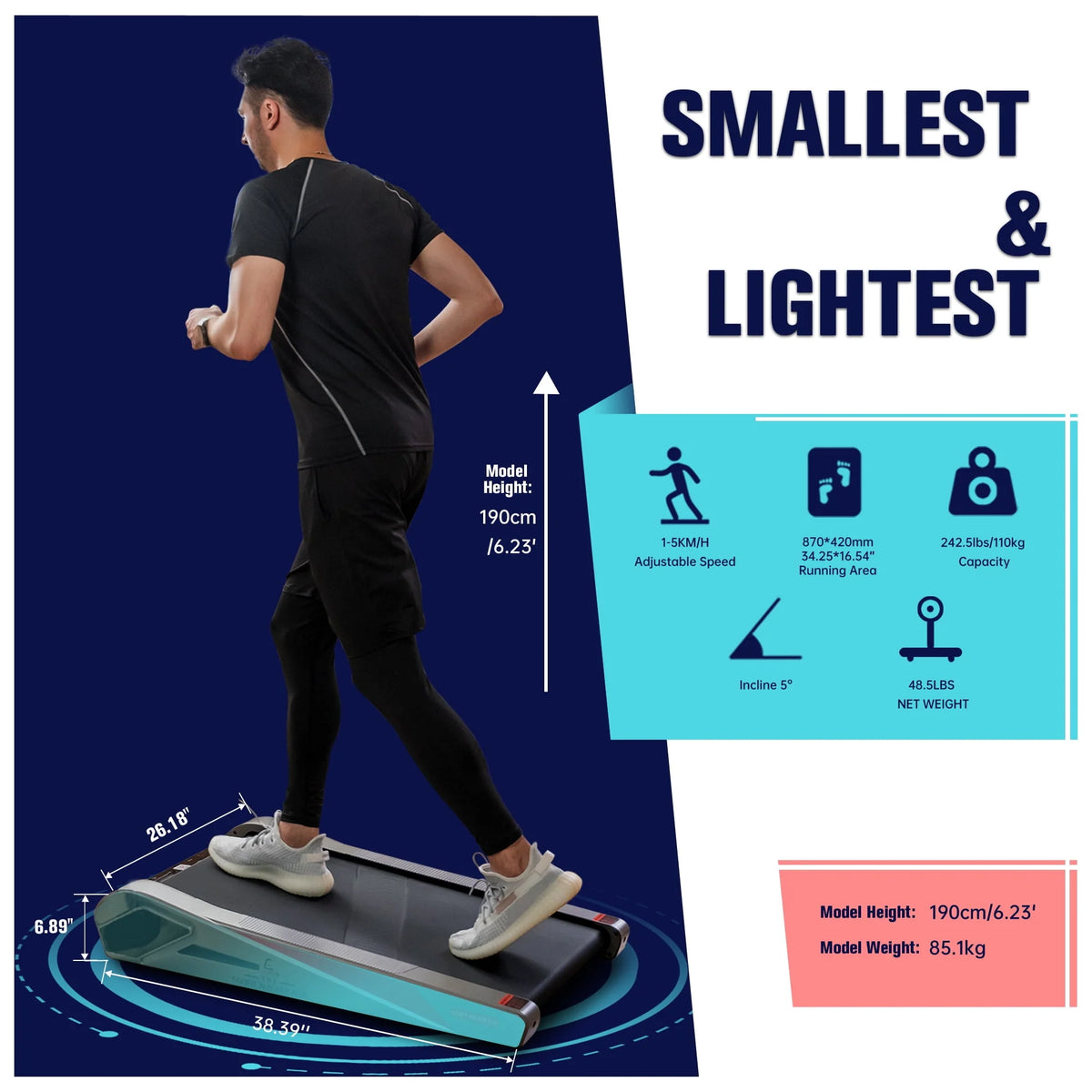 Under Desk Electric Walking Treadmill 2.0HP 5 Incline P4809