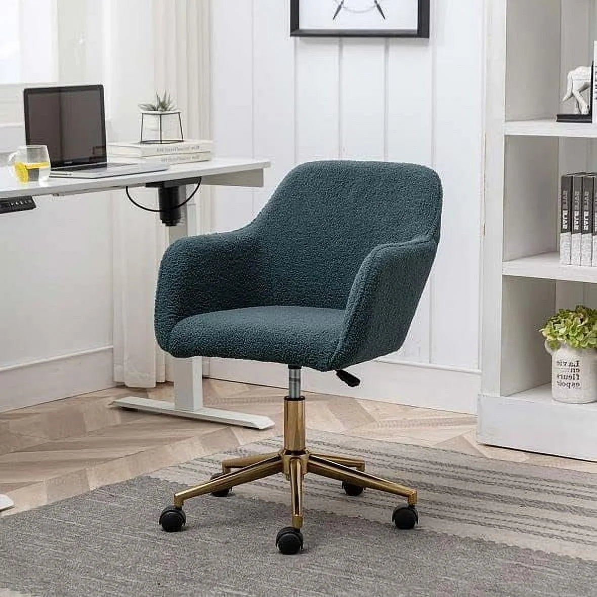 Modern Velvet Fabric Adjustable Height Home Office Chair with Gold Metal Legs and Universal Wheels D950