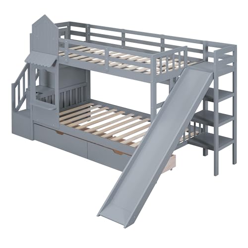 Full-Over-Full Wood Bunk Bed with Slide and Storage Staircase O90819