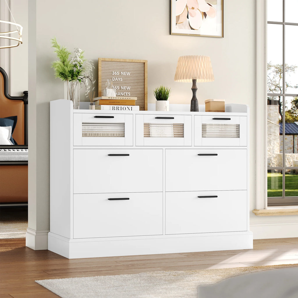 White 7 Drawer Glass Panel Wood Dresser A848