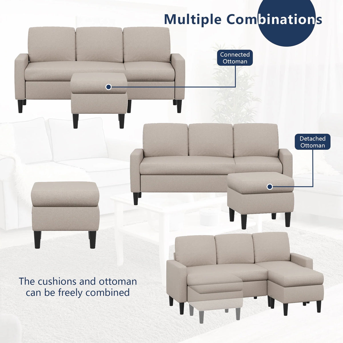 Convertible Sectional Sofa L-Shaped 3-Seat Couch with Reversible Chaise P2699