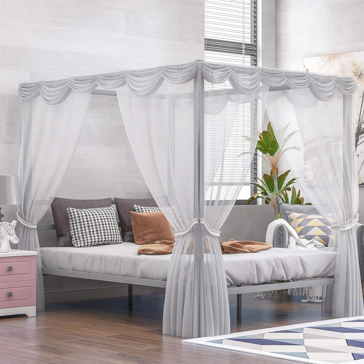 Queen Size Black Metal Canopy Bed Frame with Headboard H27022