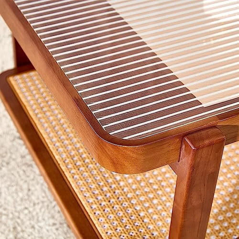 Modern Rattan Woven Glass Desktop Round Double-Layer Solid Wood Coffee Table M1455