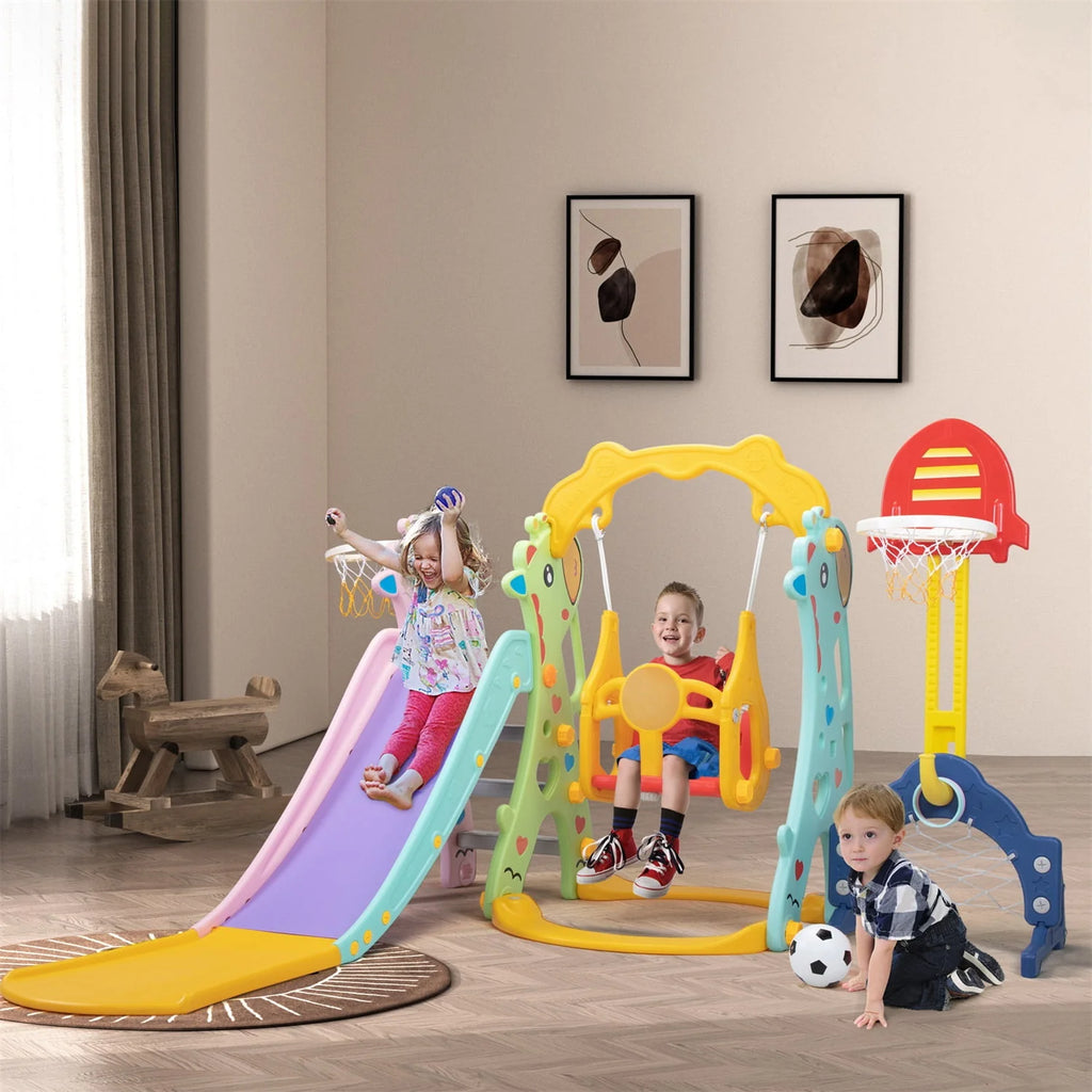 5 in 1 Kids Slide and Swing Set with 2 Basketball Hoops N88066