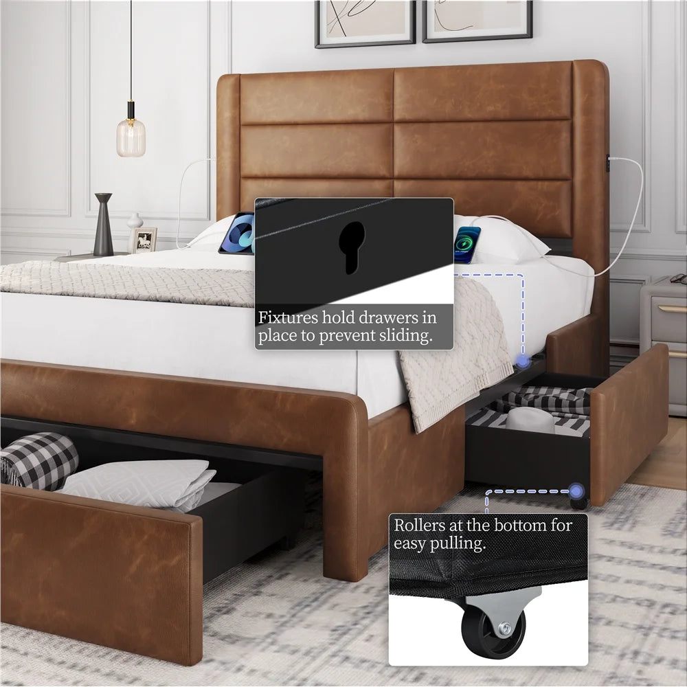 Queen Upholstered Leather Bed Frame with 3 Storage Drawers and USB Ports, Black R3683