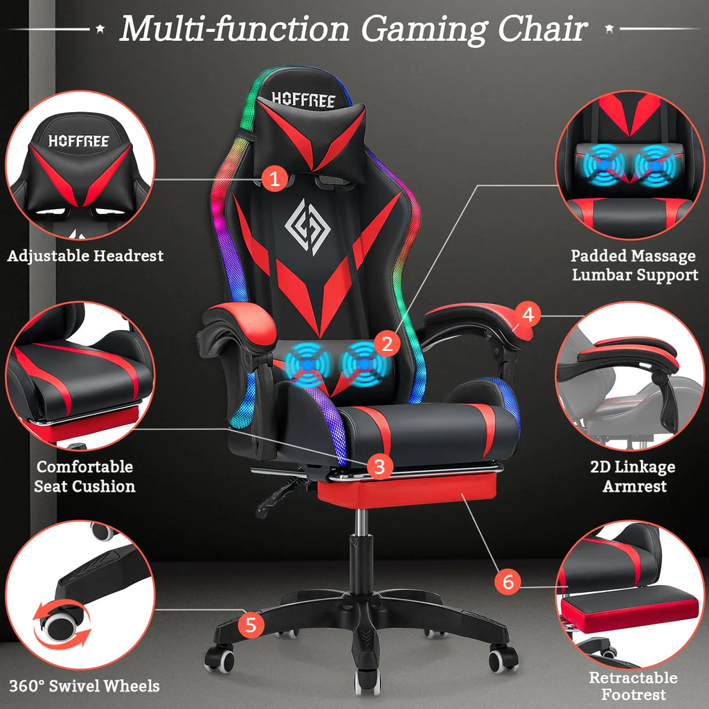 PU Leather Gaming Chair with Footrest and LED Lights E3948