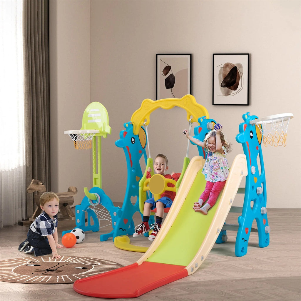 5 in 1 Kids Slide and Swing Set with 2 Basketball Hoops N88066