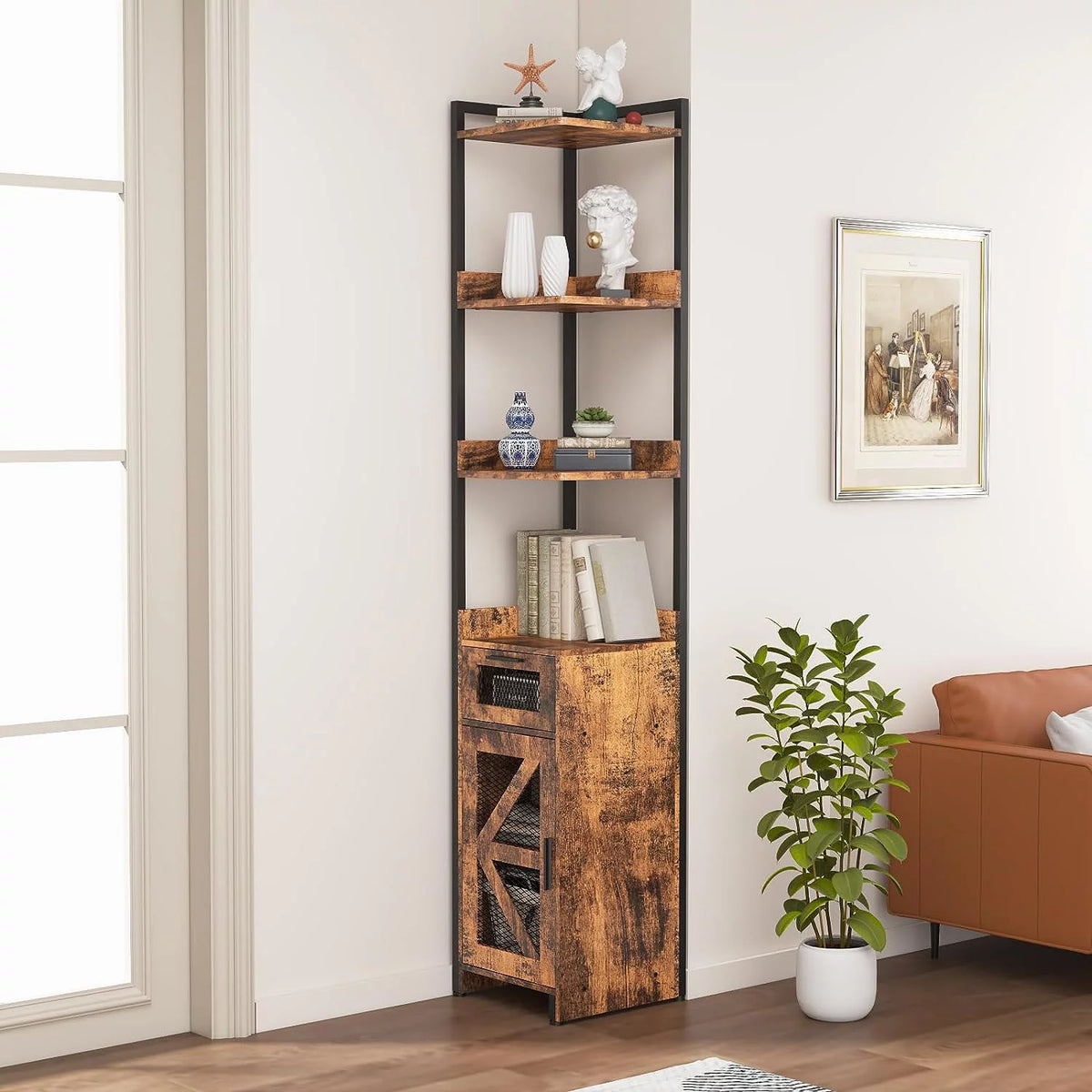 Grey 7-Tier Corner Cabinet with Drawer E2358