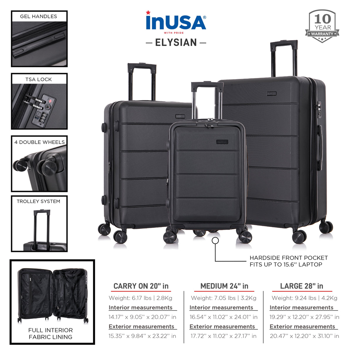 Black 3-Piece Hardside Luggage Set with Spinner Wheels S7697