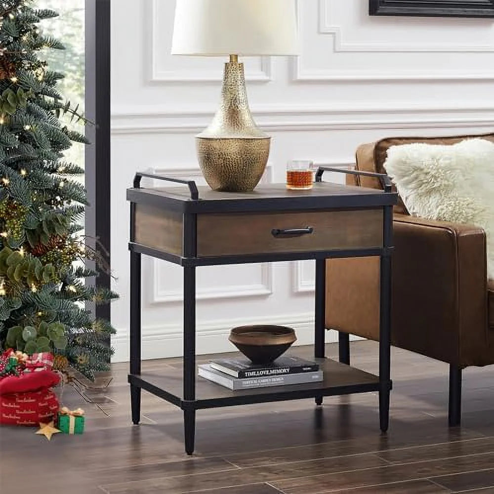 Rustic Brown and Black Nightstand with Drawer and Open Shelf Z404