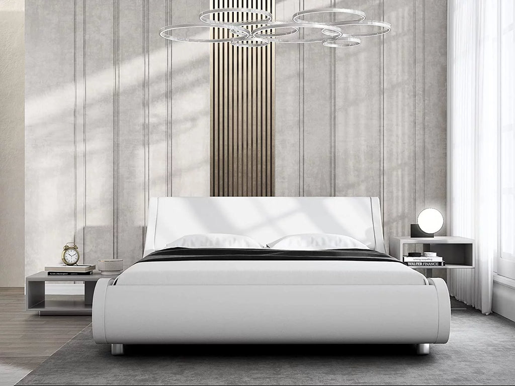 Glossy Black Full Size Platform Bed Frame with Leather Curved Adjustable Headboard K8963