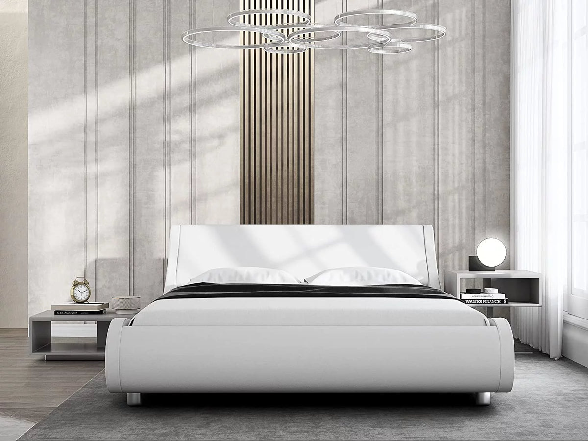 Glossy Black Full Size Platform Bed Frame with Leather Curved Adjustable Headboard K8963