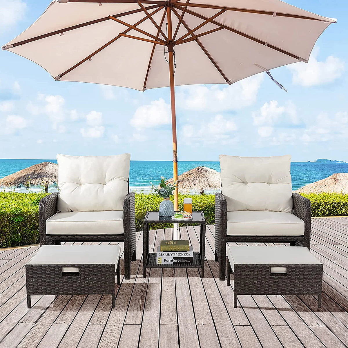 5 Piece PE Wicker Patio Furniture Set with Ottoman I4995