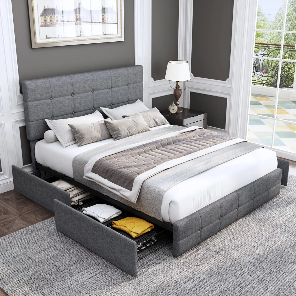 Queen Size 4 Drawer Upholstered Platform Bed with Adjustable Headboard G43720