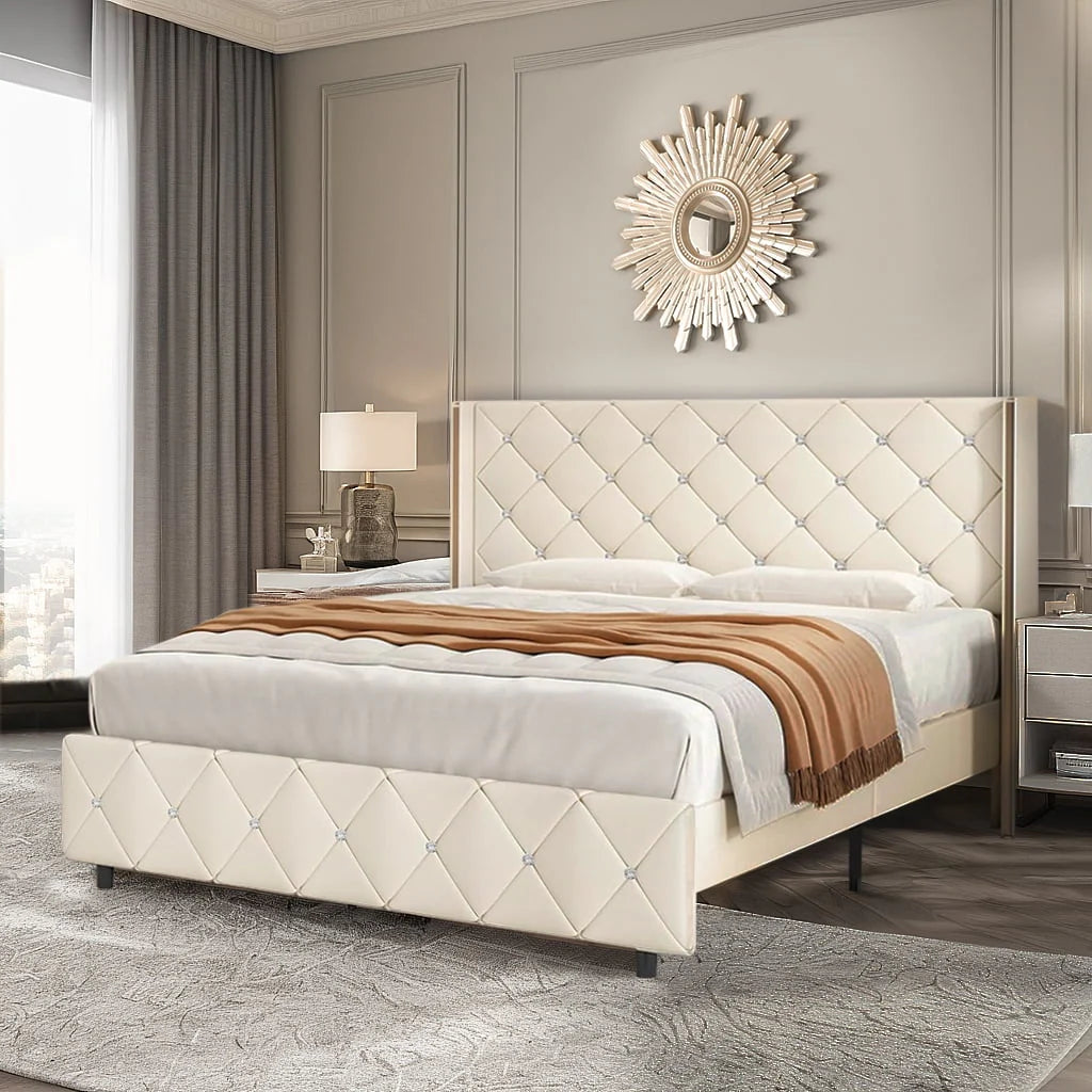 Queen Size Upholstered Platform Bed Frame with Wingback Diamond Tufted Headboard V587
