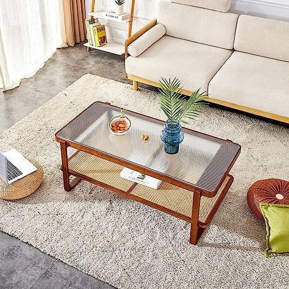 Modern Rattan Woven Glass Desktop Round Double-Layer Solid Wood Coffee Table M1455