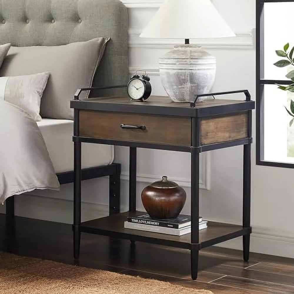 Rustic Brown and Black Nightstand with Drawer and Open Shelf Z404
