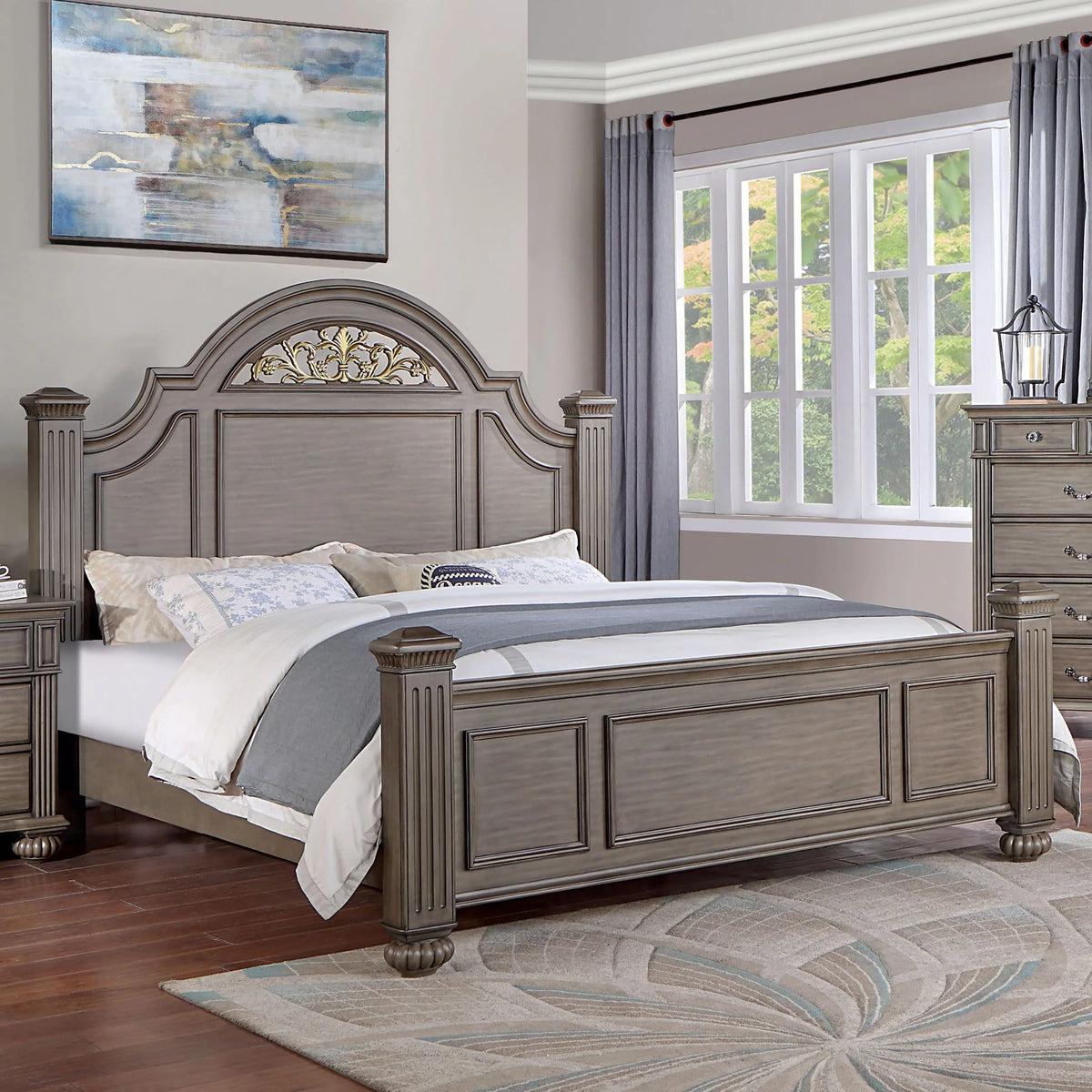 King Dark Walnut Solid Wood Four Poster Bed Z338