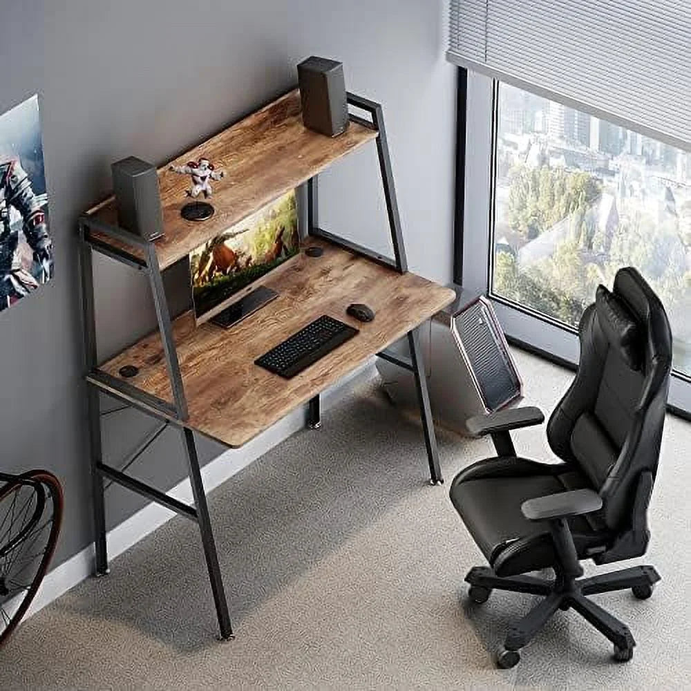 43 Inch Rustic Brown Computer Ladder Desk with Shelves W8772